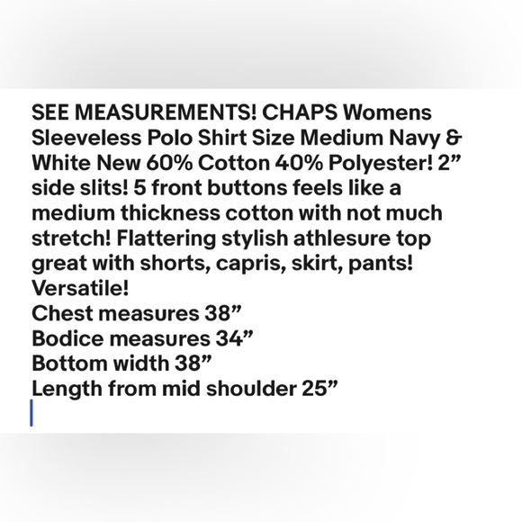 CHAPS Womens Sleeveless Polo Shirt Size Medium Navy & White New - Picture 8 of 8